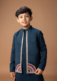 DARK BLUE KURTA WITH HEAVY GOTA AND THREAD EMBROIDERED ON OPEN BUNDI JACKET WITH PAJAMA SET