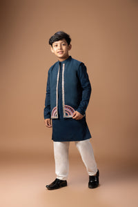 DARK BLUE KURTA WITH HEAVY GOTA AND THREAD EMBROIDERED ON OPEN BUNDI JACKET WITH PAJAMA SET