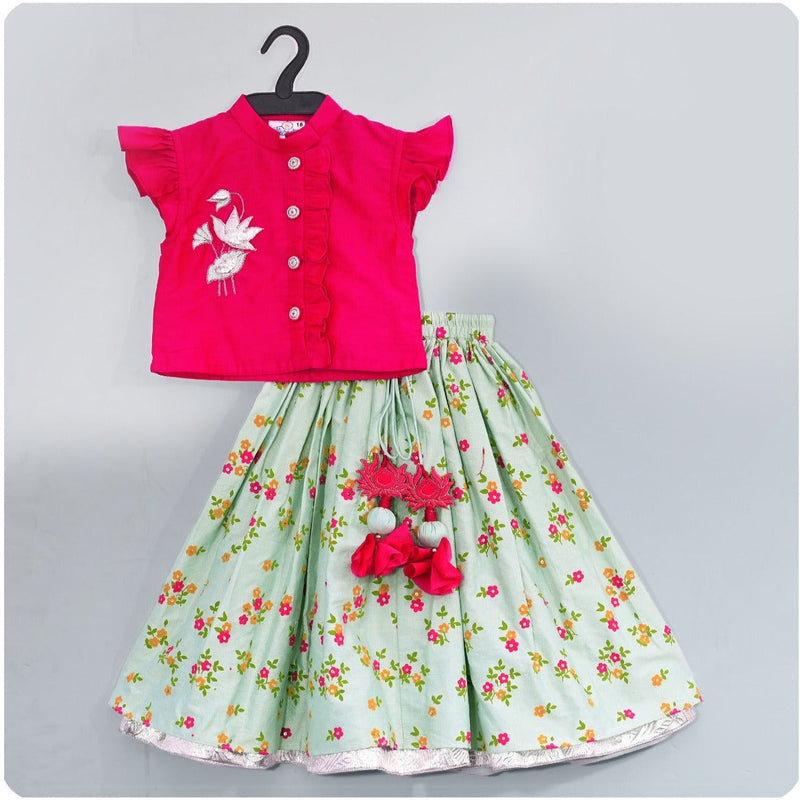 Bright Pink Blouse/Aqua blue With Printed Ghaghra