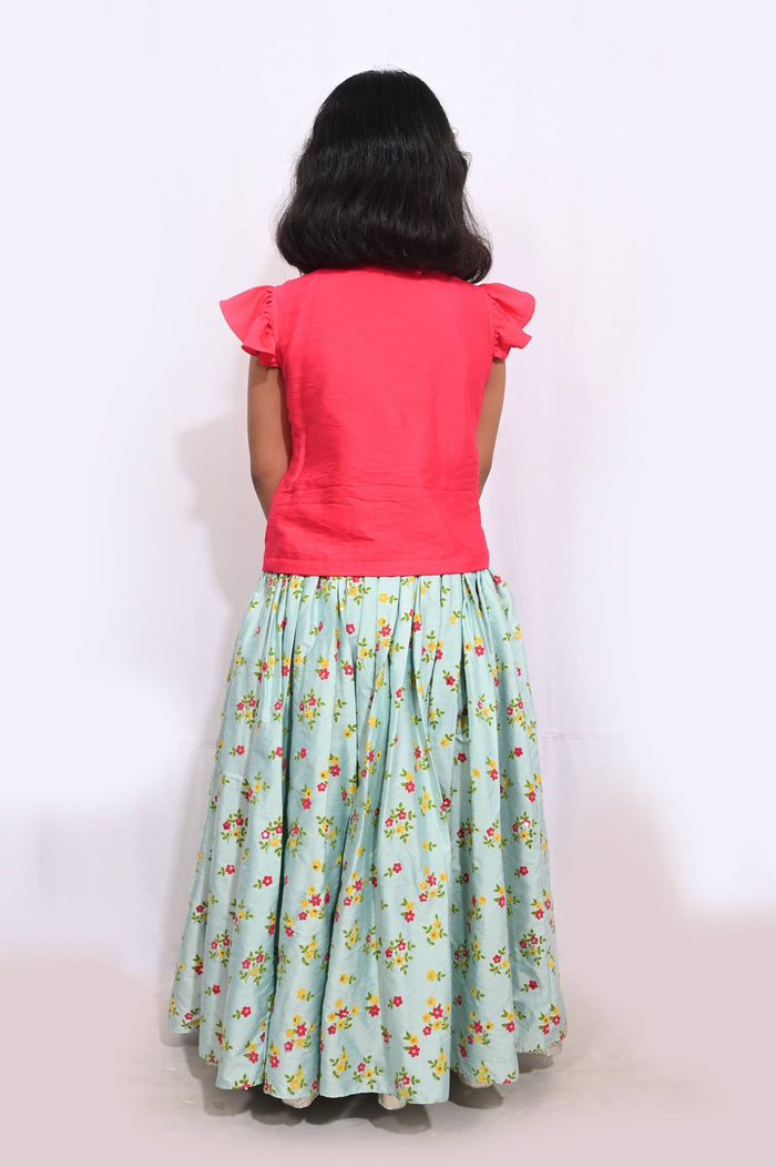 Bright Pink Blouse/Aqua blue With Printed Ghaghra