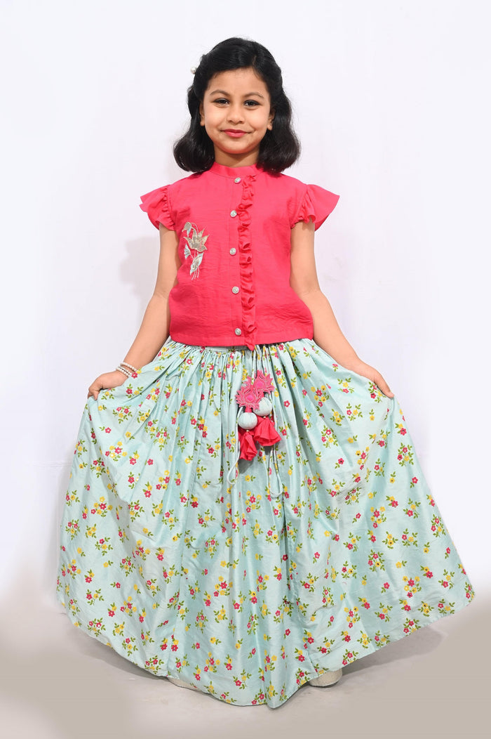 Bright Pink Blouse/Aqua blue With Printed Ghaghra