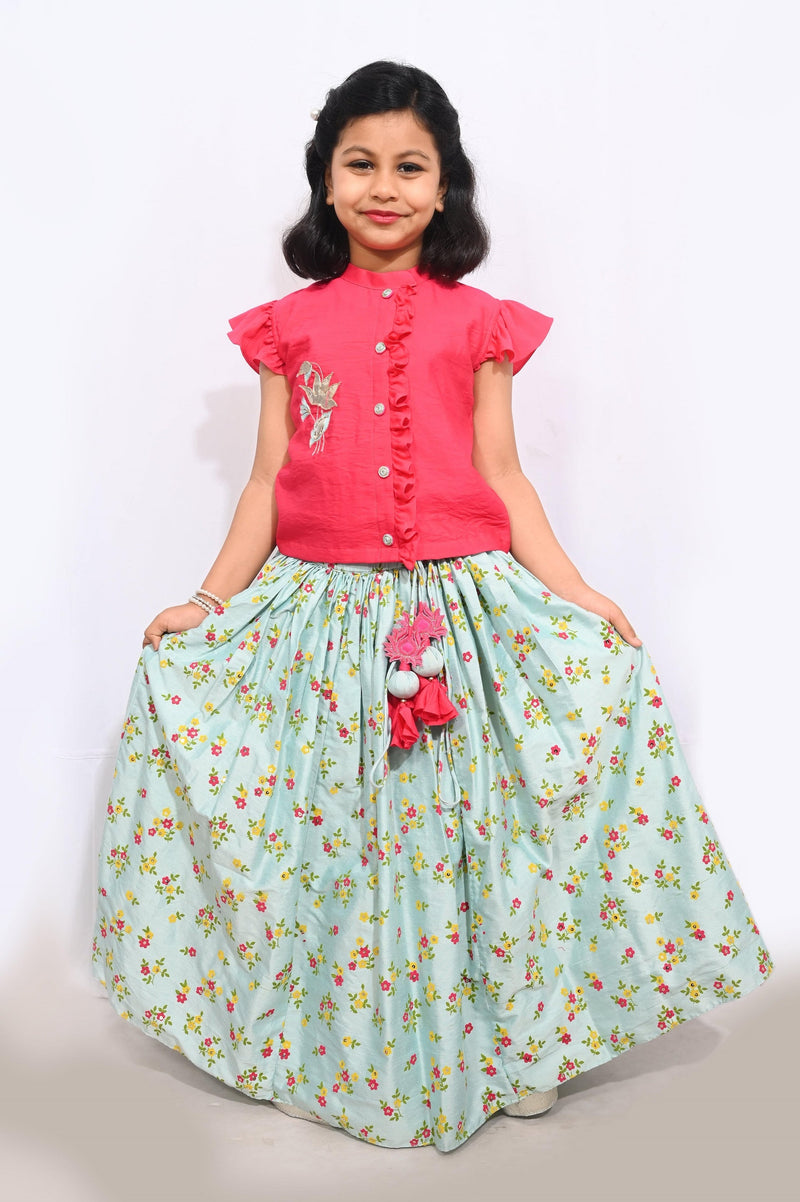 Bright Pink Blouse/Aqua blue With Printed Ghaghra