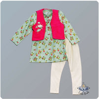 Bright Pink Hand Embroidered Jacket With Aqua Blue Printed Kurta And Katan Silk Churidar