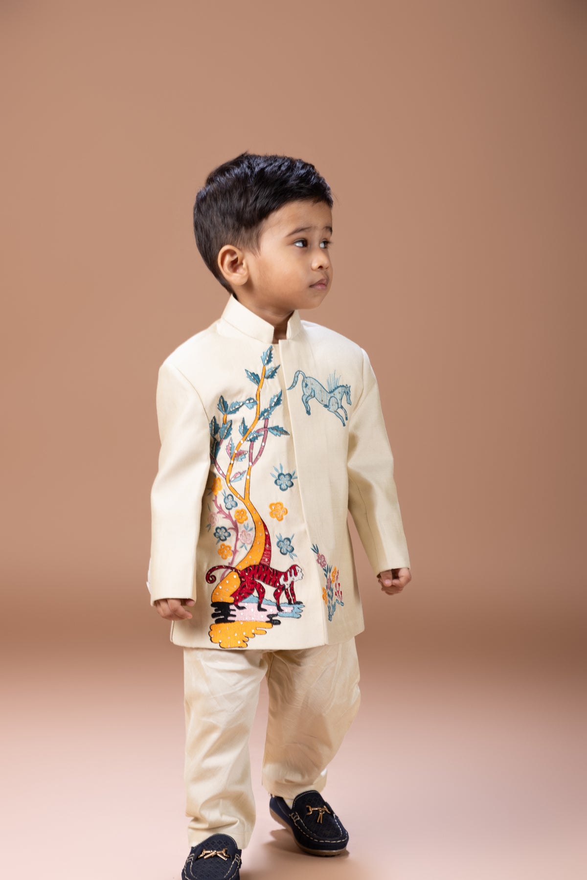 BEIDGE FRONT OPEN SHERWANI WITH HAND AND THREAD EMBROIDERY MONKEY AND HORSE WITH PAJAMA BOTTOM SET