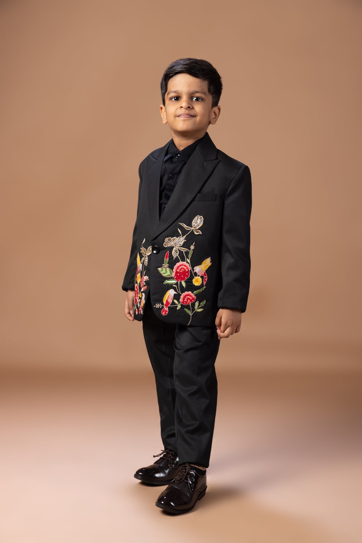 BLACK TUXEDO WITH ROSE/BIRD/FLOWER COLOURFUL HAND EMBROIDERY WITH SHIRT PANT WITH BOW TIE SET