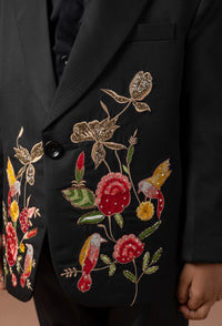 BLACK TUXEDO WITH ROSE/BIRD/FLOWER COLOURFUL HAND EMBROIDERY WITH SHIRT PANT WITH BOW TIE SET