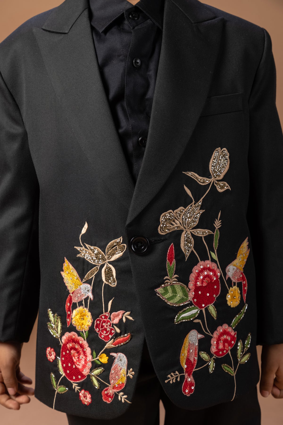 BLACK TUXEDO WITH ROSE/BIRD/FLOWER COLOURFUL HAND EMBROIDERY WITH SHIRT PANT WITH BOW TIE SET