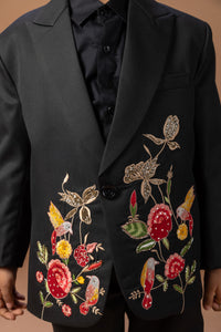 BLACK TUXEDO WITH ROSE/BIRD/FLOWER COLOURFUL HAND EMBROIDERY WITH SHIRT PANT WITH BOW TIE SET