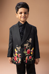 BLACK TUXEDO WITH ROSE/BIRD/FLOWER COLOURFUL HAND EMBROIDERY WITH SHIRT PANT WITH BOW TIE SET