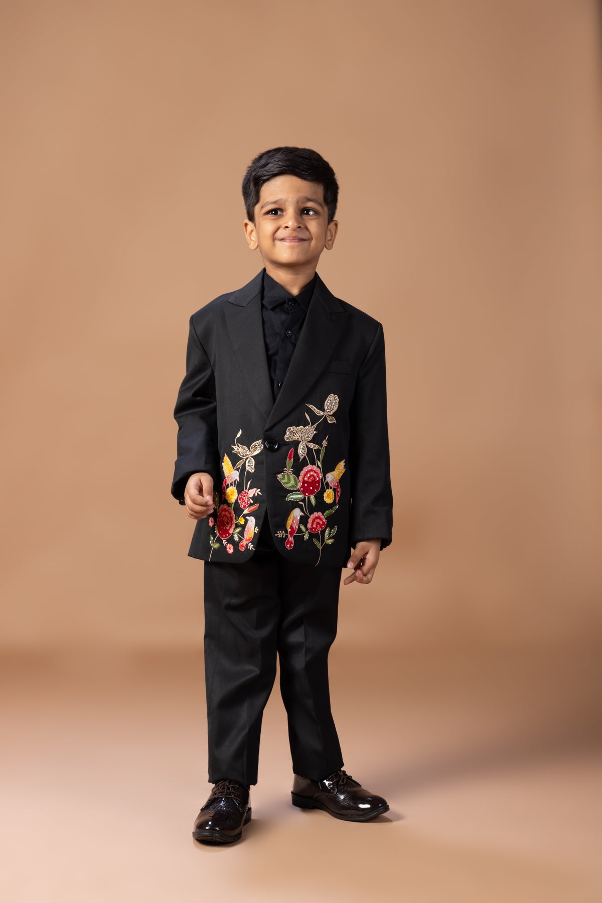 BLACK TUXEDO WITH ROSE/BIRD/FLOWER COLOURFUL HAND EMBROIDERY WITH SHIRT PANT WITH BOW TIE SET