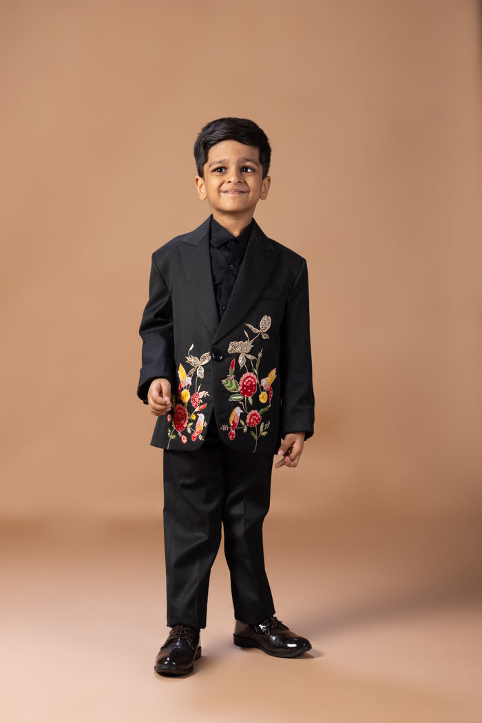 BLACK TUXEDO WITH ROSE/BIRD/FLOWER COLOURFUL HAND EMBROIDERY WITH SHIRT PANT WITH BOW TIE SET