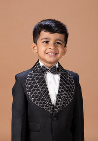 BLACK TUXEDO WITH HAND EMBROIDERY ON LAPLE AND FRONT WITH SHIRT PANT WITH BOW TIE SET