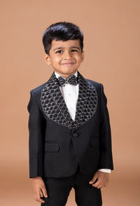 BLACK TUXEDO WITH HAND EMBROIDERY ON LAPLE AND FRONT WITH SHIRT PANT WITH BOW TIE SET