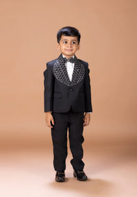 BLACK TUXEDO WITH HAND EMBROIDERY ON LAPLE AND FRONT WITH SHIRT PANT WITH BOW TIE SET