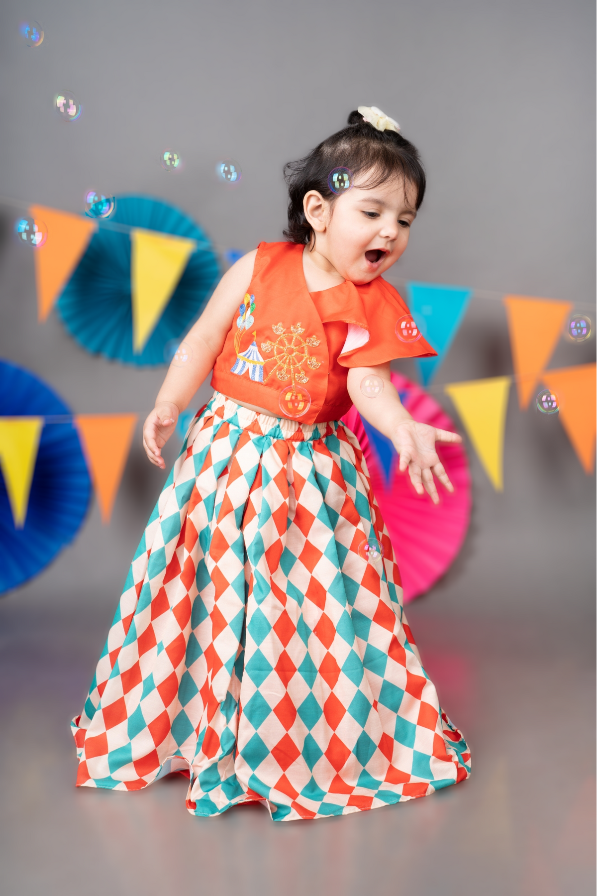 CARNIVAL DIAMONDS PRINTED SKIRT WITH HAND EMBROIDERED RED TOP SET