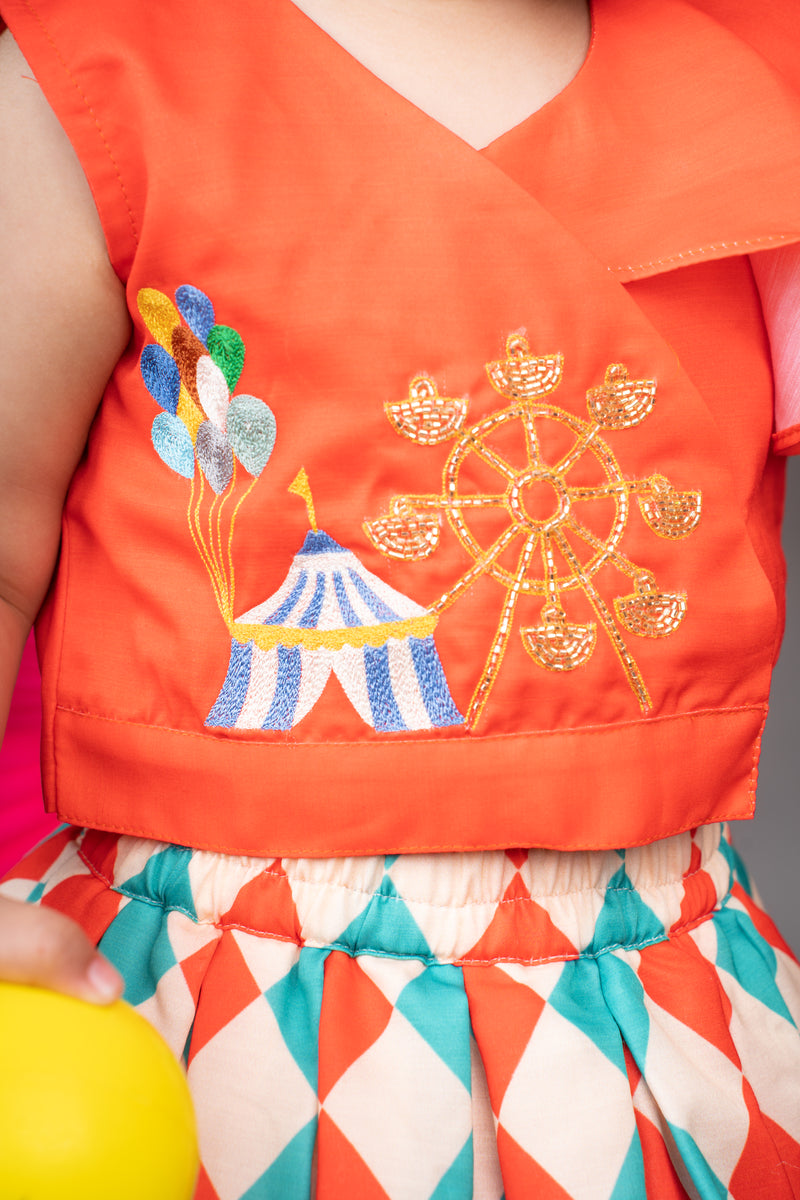 CARNIVAL DIAMONDS PRINTED SKIRT WITH HAND EMBROIDERED RED TOP SET