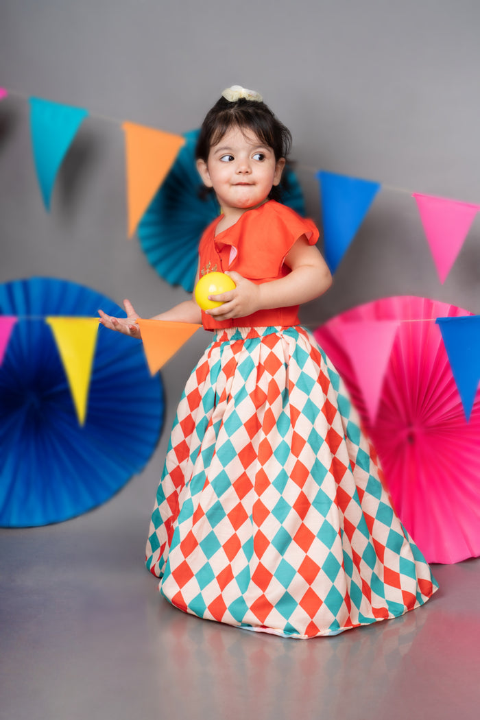 CARNIVAL DIAMONDS PRINTED SKIRT WITH HAND EMBROIDERED RED TOP SET