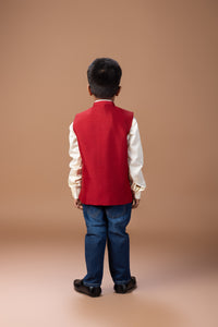 CREAM SHIRT WITH CHESS EMBROIDERY BUNDI JACKET WITH PANT SET