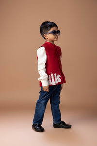CREAM SHIRT WITH CHESS EMBROIDERY BUNDI JACKET WITH PANT SET