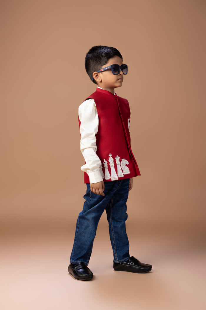 CREAM SHIRT WITH CHESS EMBROIDERY BUNDI JACKET WITH PANT SET