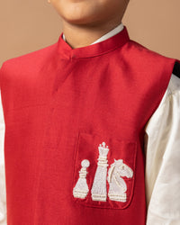 CREAM SHIRT WITH CHESS EMBROIDERY BUNDI JACKET WITH PANT SET