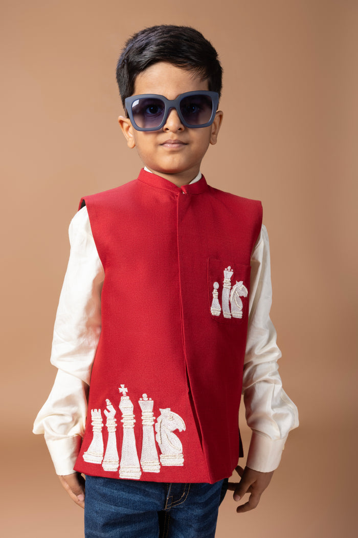 CREAM SHIRT WITH CHESS EMBROIDERY BUNDI JACKET WITH PANT SET