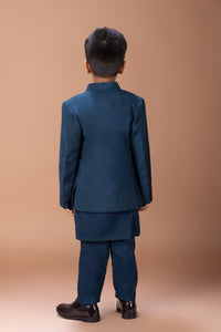DARK BLUE KURTA WITH HAND AND THREAD EMBROIDERY FRONT OPEN INDO WESTERN JACKET WITH PAJAMA SET