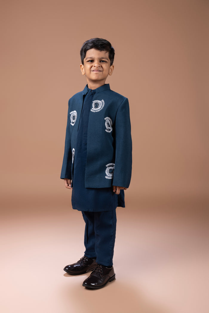 DARK BLUE KURTA WITH HAND AND THREAD EMBROIDERY FRONT OPEN INDO WESTERN JACKET WITH PAJAMA SET