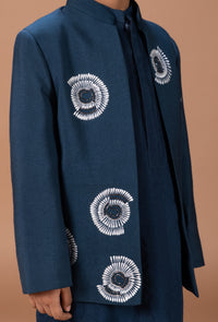 DARK BLUE KURTA WITH HAND AND THREAD EMBROIDERY FRONT OPEN INDO WESTERN JACKET WITH PAJAMA SET