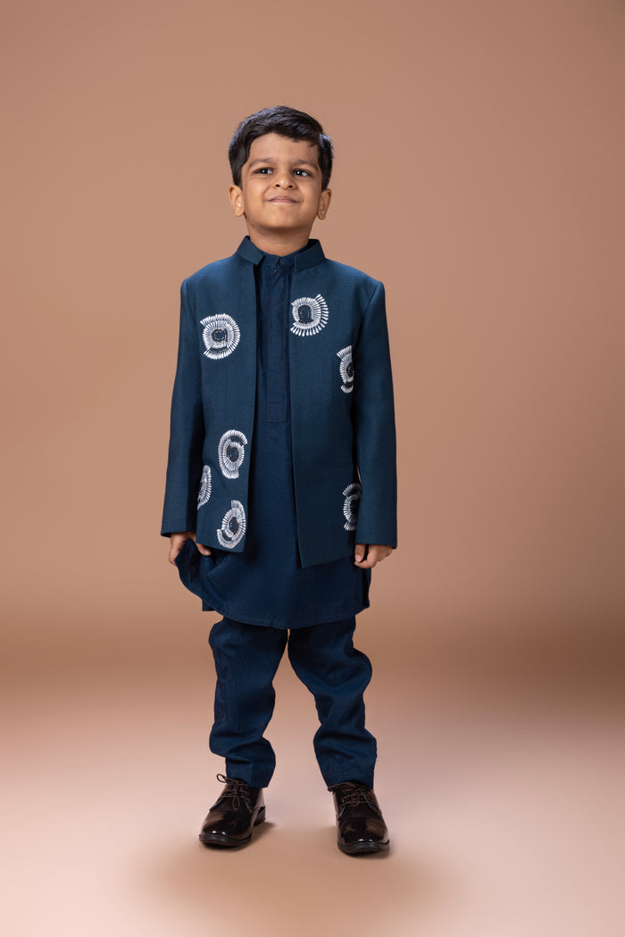 DARK BLUE KURTA WITH HAND AND THREAD EMBROIDERY FRONT OPEN INDO WESTERN JACKET WITH PAJAMA SET