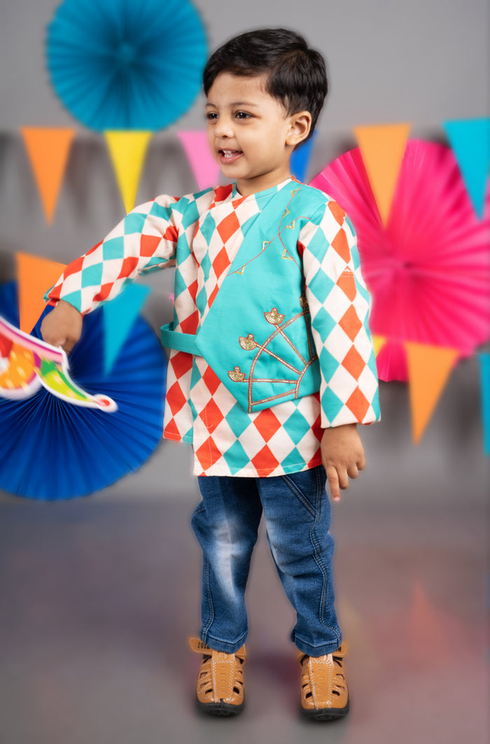 CARNIVAL DIAMONDS PRINTED FULL STYLISH SHIRT WITH GREEN ATTACHED JACKET WITH HAND EMBROIDRED