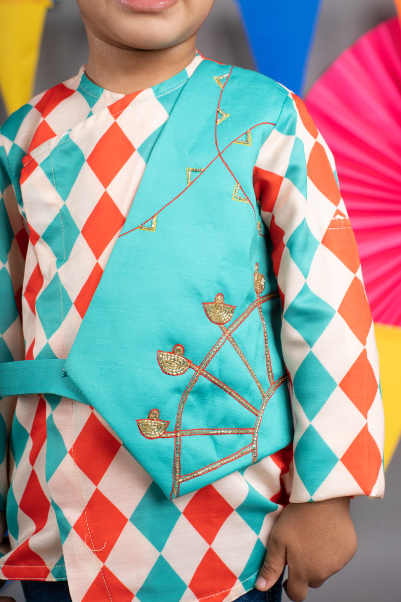 CARNIVAL DIAMONDS PRINTED FULL STYLISH SHIRT WITH GREEN ATTACHED JACKET WITH HAND EMBROIDRED