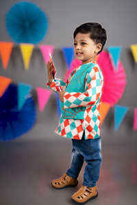CARNIVAL DIAMONDS PRINTED FULL STYLISH SHIRT WITH GREEN ATTACHED JACKET WITH HAND EMBROIDRED