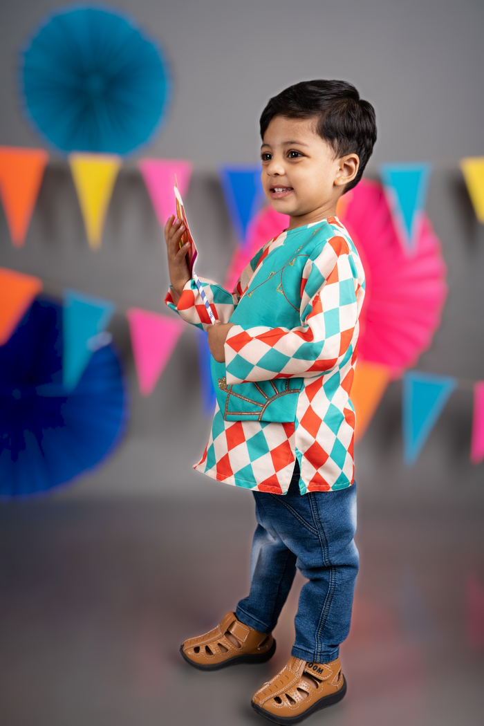 CARNIVAL DIAMONDS PRINTED FULL STYLISH SHIRT WITH GREEN ATTACHED JACKET WITH HAND EMBROIDRED
