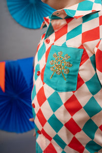 CARNIVAL DIAMONDS PRINTED GREEN PATCH HAND EMBROIDERED HALF SHIRT