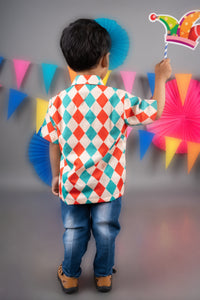 CARNIVAL DIAMONDS PRINTED RED PATCH HAND EMBROIDERED HALF SHIRT