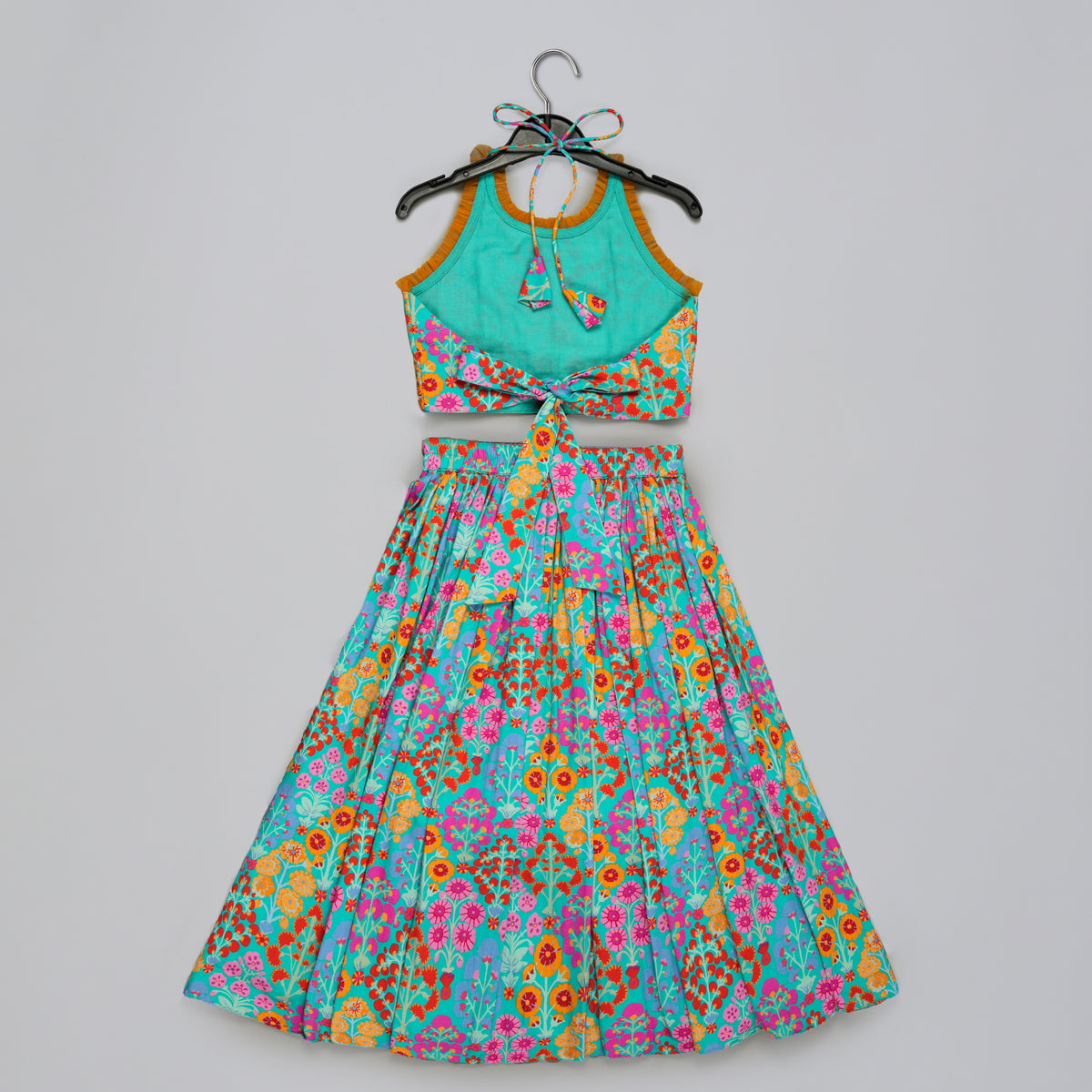 BLUE FLORAL PRINTED MIRROW WORK AND EMBROIDERED BLOUSE WITH FLORAL PRINTED GHAGARA SET