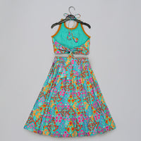 BLUE FLORAL PRINTED MIRROW WORK AND EMBROIDERED BLOUSE WITH FLORAL PRINTED GHAGARA SET