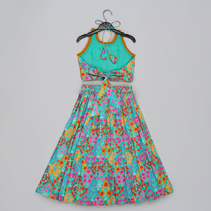 BLUE FLORAL PRINTED MIRROW WORK AND EMBROIDERED BLOUSE WITH FLORAL PRINTED GHAGARA SET