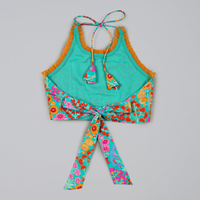 BLUE FLORAL PRINTED MIRROW WORK AND EMBROIDERED BLOUSE WITH FLORAL PRINTED GHAGARA SET