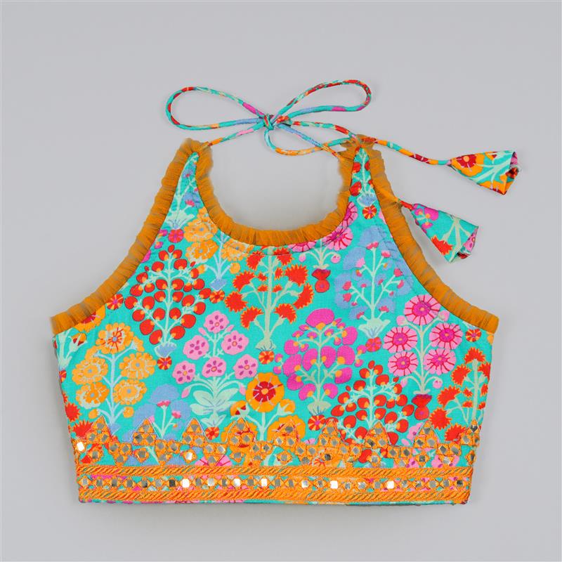 BLUE FLORAL PRINTED MIRROW WORK AND EMBROIDERED BLOUSE WITH FLORAL PRINTED GHAGARA SET