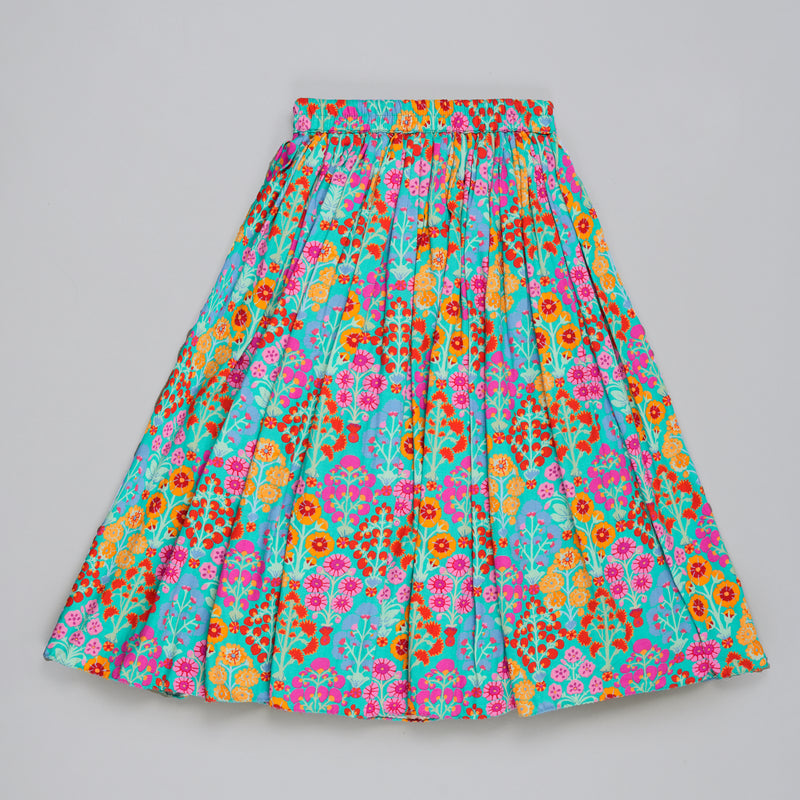 BLUE FLORAL PRINTED MIRROW WORK AND EMBROIDERED BLOUSE WITH FLORAL PRINTED GHAGARA SET