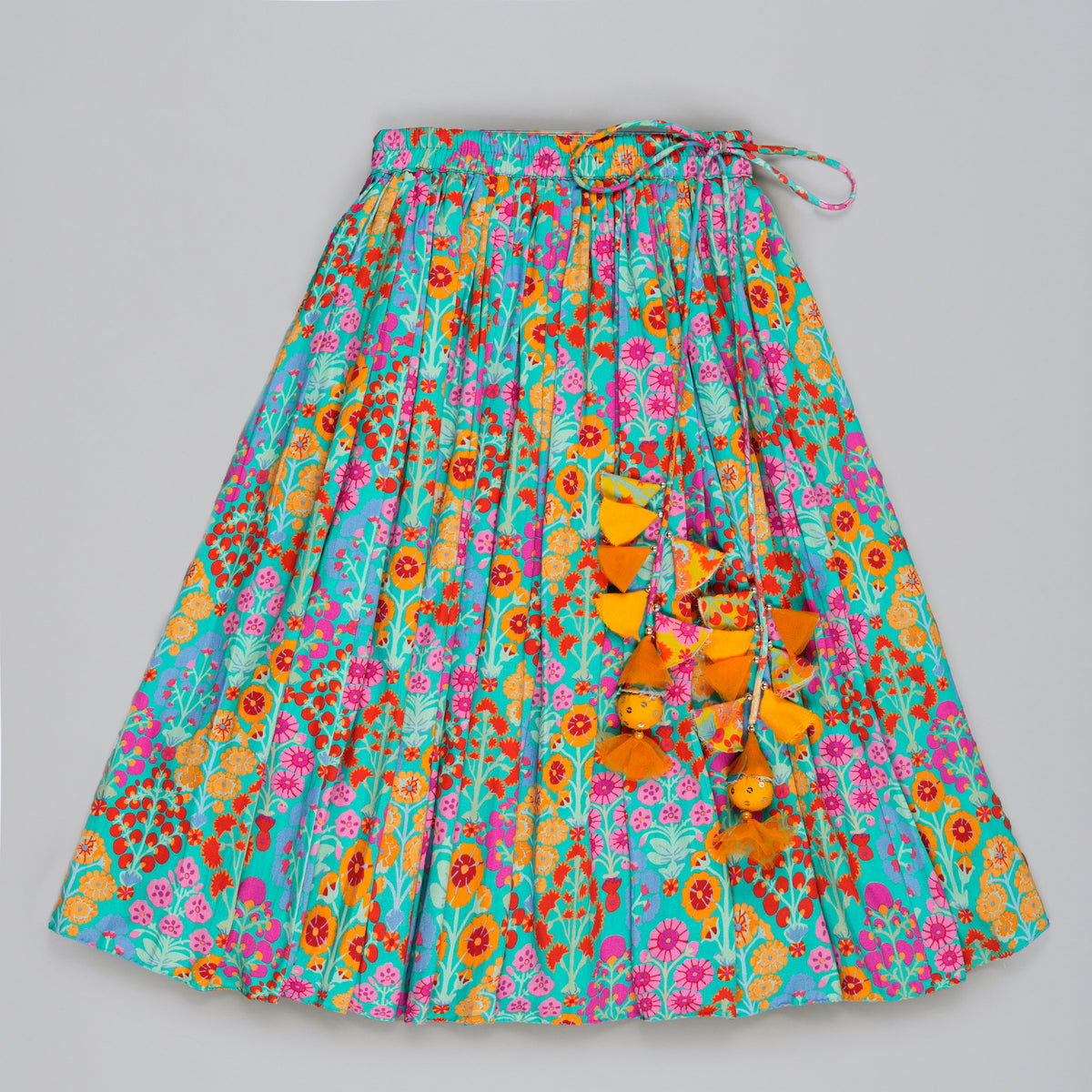BLUE FLORAL PRINTED MIRROW WORK AND EMBROIDERED BLOUSE WITH FLORAL PRINTED GHAGARA SET