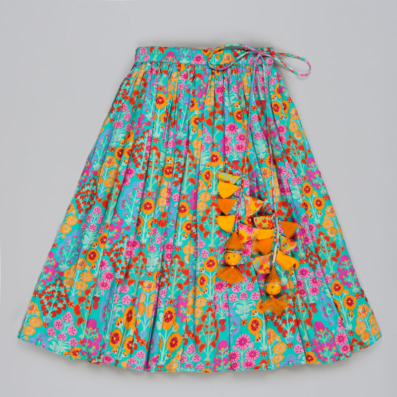 BLUE FLORAL PRINTED MIRROW WORK AND EMBROIDERED BLOUSE WITH FLORAL PRINTED GHAGARA SET