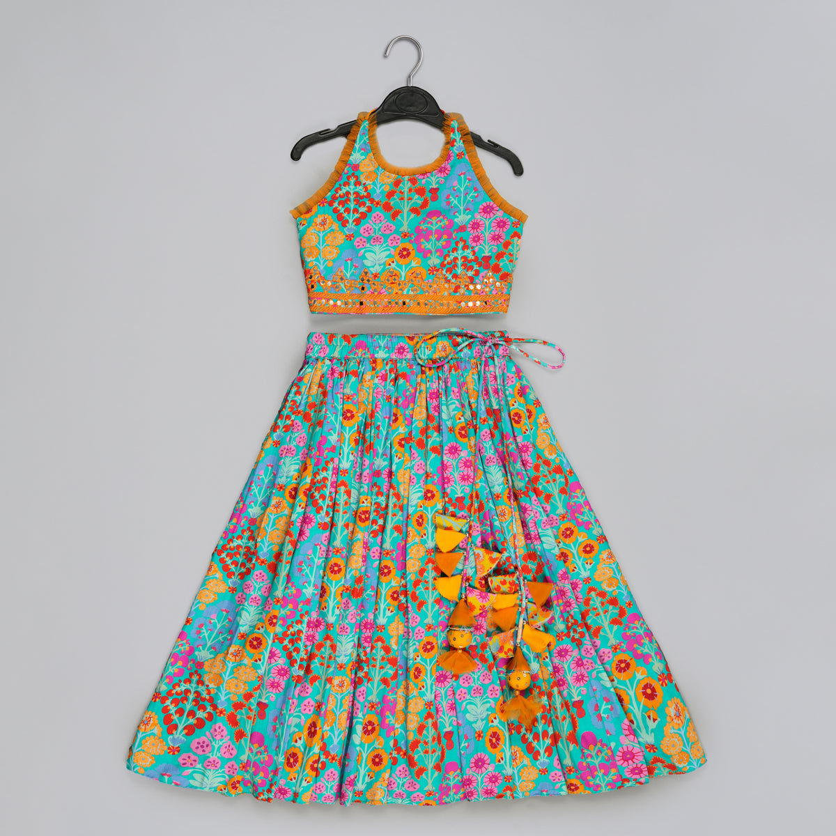 BLUE FLORAL PRINTED MIRROW WORK AND EMBROIDERED BLOUSE WITH FLORAL PRINTED GHAGARA SET