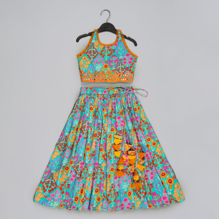 BLUE FLORAL PRINTED MIRROW WORK AND EMBROIDERED BLOUSE WITH FLORAL PRINTED GHAGARA SET