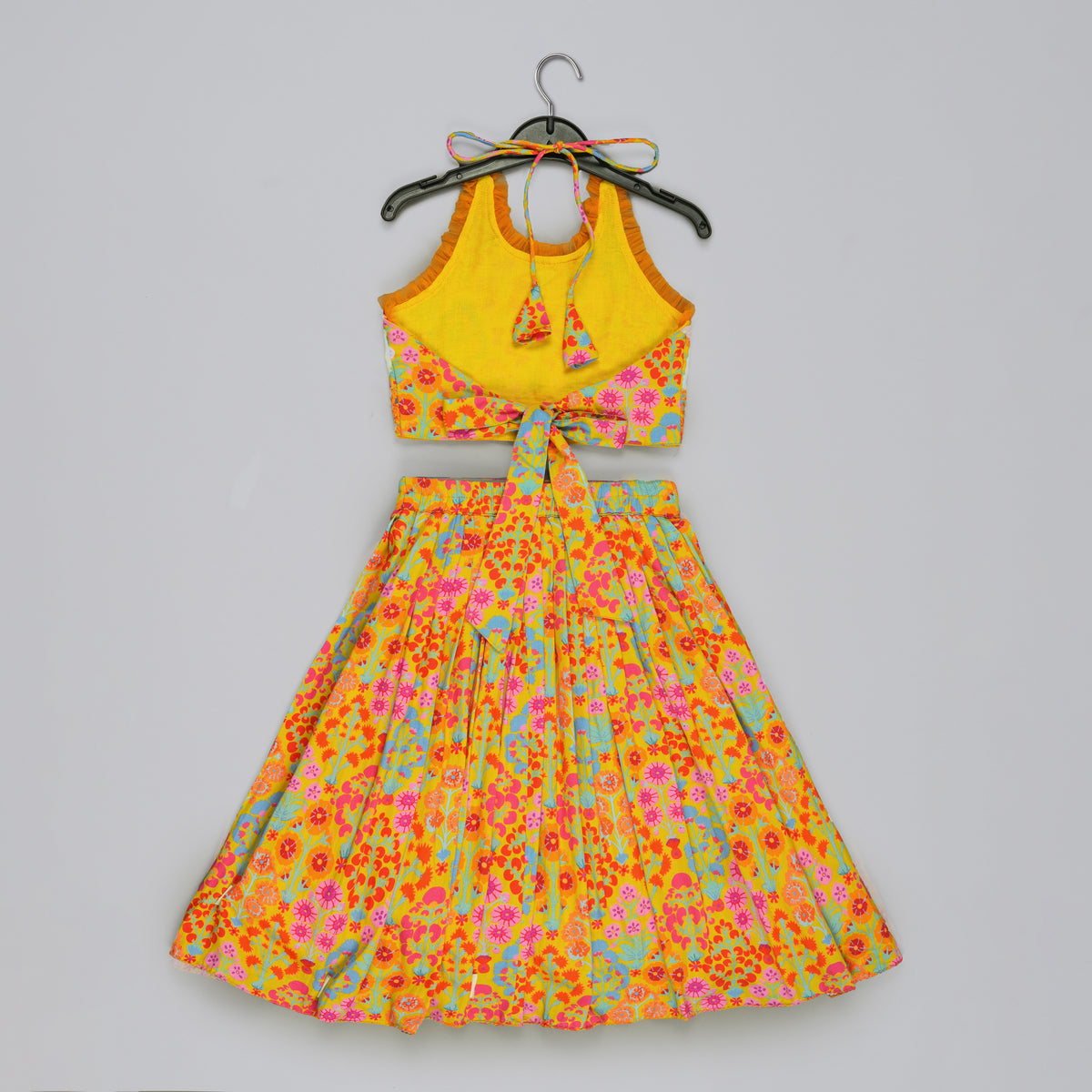 MUSTARD FLORAL PRINTED MIRROW WORK AND EMBROIDERED BLOUSE WITH FLORAL PRINTED GHAGARA SET