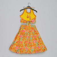 MUSTARD FLORAL PRINTED MIRROW WORK AND EMBROIDERED BLOUSE WITH FLORAL PRINTED GHAGARA SET
