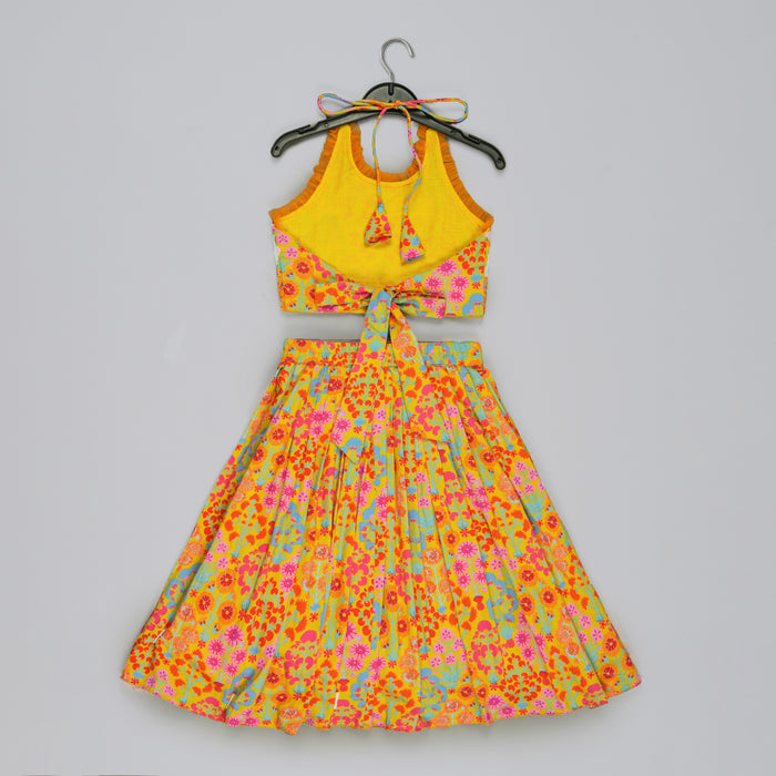 MUSTARD FLORAL PRINTED MIRROW WORK AND EMBROIDERED BLOUSE WITH FLORAL PRINTED GHAGARA SET