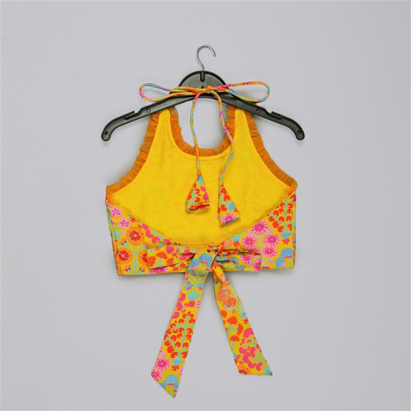 MUSTARD FLORAL PRINTED MIRROW WORK AND EMBROIDERED BLOUSE WITH FLORAL PRINTED GHAGARA SET